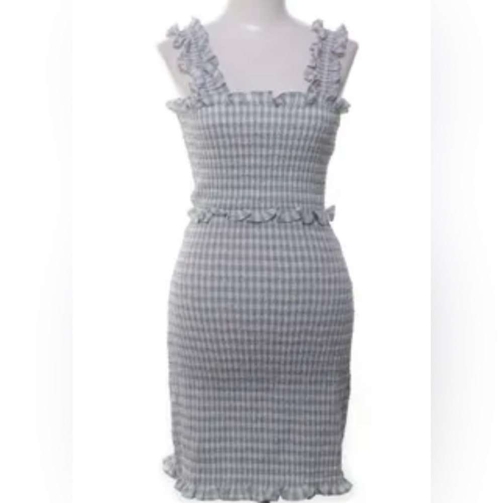 ASOS Gingham Ruffle Trim Dress - White/Blue